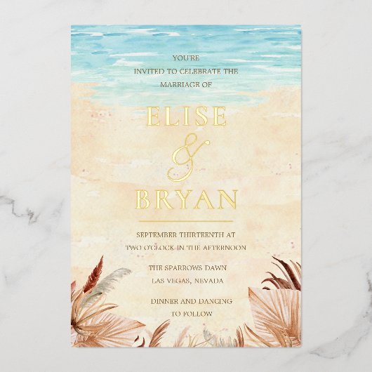 ゴールドフォイルビーチイボホボヘミアンビーチ結婚式 箔招待状 (正面)