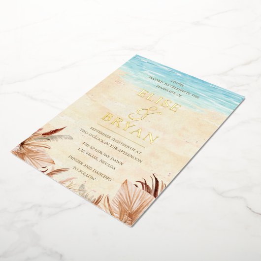 ゴールドフォイルビーチイボホボヘミアンビーチ結婚式 箔招待状 (回転した状態)
