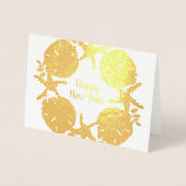 ゴールドフォイルビーチクリスマスサンドドルズ折り畳み 箔カード (正面)