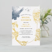 ゴールドフォイルビーチ海コースタルブルーブライダルシャワー 箔招待状 (立ち正面)