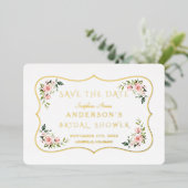 ゴールドフォイルピンクフローラブライダルシャワー保存日 箔招待状 (立ち正面)