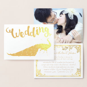 ゴールドフォイルピーコックあなたの写真結婚式招待状 箔カード