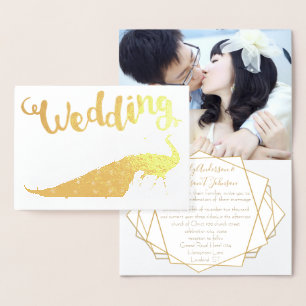 ゴールドフォイルピーコックあなたの写真結婚式招待状 箔カード