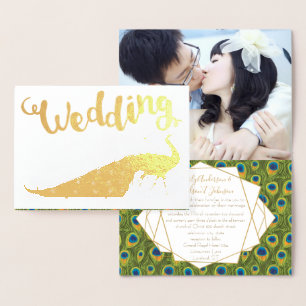 ゴールドフォイルピーコックあなたの写真結婚式招待状 箔カード