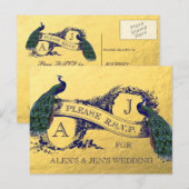 ゴールドフォイルピーコックウェディングRSVPポストカード2 インビテーションポストカード (正面/裏面)