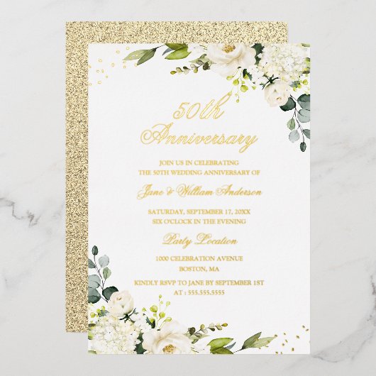 ゴールドフォイルフラワー50周年記念フォイル招待状 箔招待状 (正面/裏面)