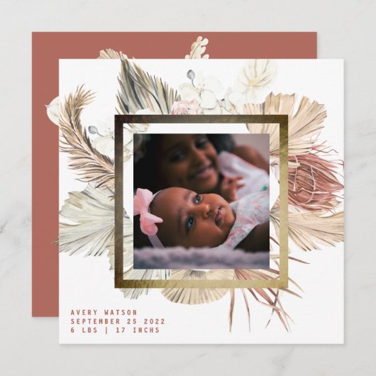 ゴールドフォイルフレームボホパンパスボホフォト誕生 案内状 (正面/裏面)