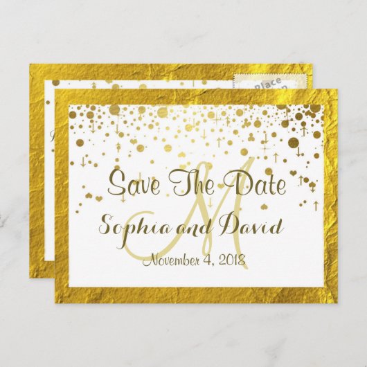 ゴールドフォイルフレーム紙吹雪結婚式の日付を保存 案内ポストカード (正面/裏面)