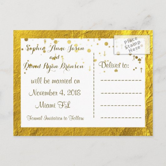 ゴールドフォイルフレーム紙吹雪結婚式の日付を保存 案内ポストカード (裏面)
