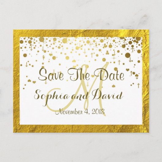 ゴールドフォイルフレーム紙吹雪結婚式の日付を保存 案内ポストカード (正面)
