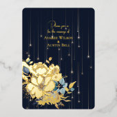 ゴールドフォイルフローラとライトネイビーエレガントな結婚式 箔招待状 (正面)