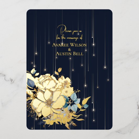ゴールドフォイルフローラとライトネイビーエレガントな結婚式 箔招待状 (正面)
