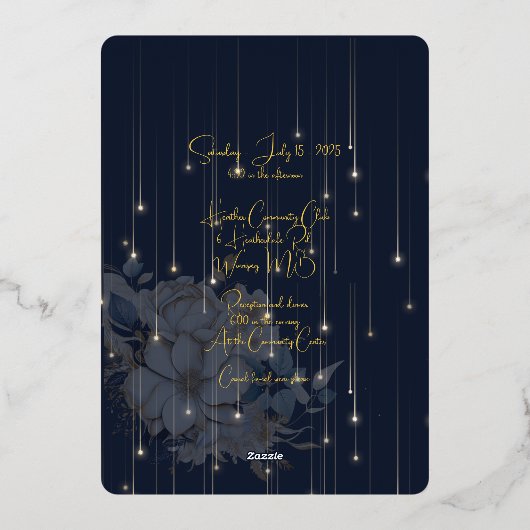 ゴールドフォイルフローラとライトネイビーエレガントな結婚式 箔招待状 (裏面)