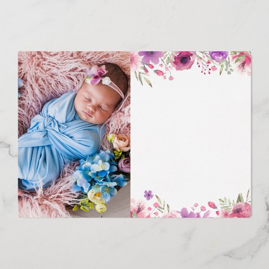 ゴールドフォイルフローラサンキューフォトベビー発表 箔招待状 (正面)