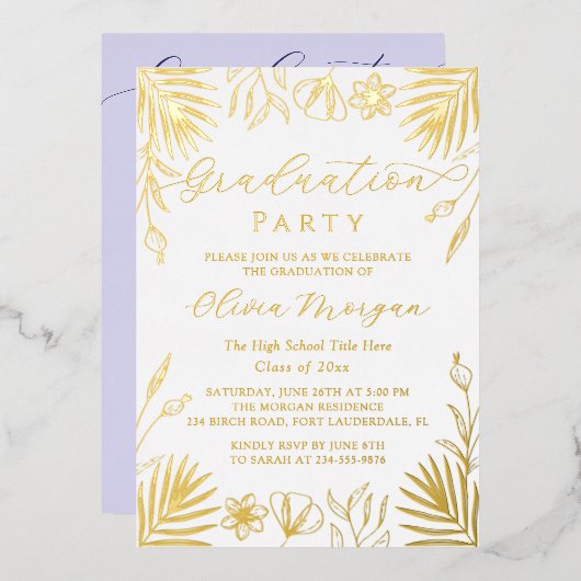 ゴールドフォイルフローラスクリプト紫の卒業写真 箔招待状 (正面/裏面)