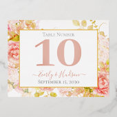 ゴールドフォイルフローラピンク結婚金ゴールドのテーブル番号 箔招待状ポストカード (裏面)