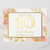 ゴールドフォイルフローラピンク結婚金ゴールドのテーブル番号 箔招待状ポストカード (正面)