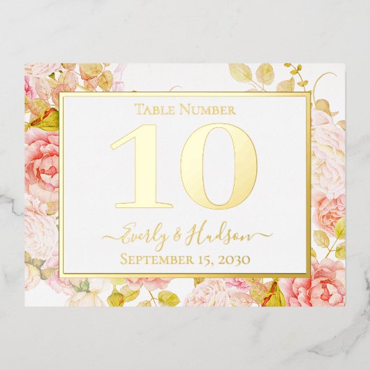 ゴールドフォイルフローラピンク結婚金ゴールドのテーブル番号 箔招待状ポストカード (正面)