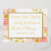 ゴールドフォイルフローラピンク縁ど金ゴールドウェディングRSVP 箔招待状ポストカード (正面)