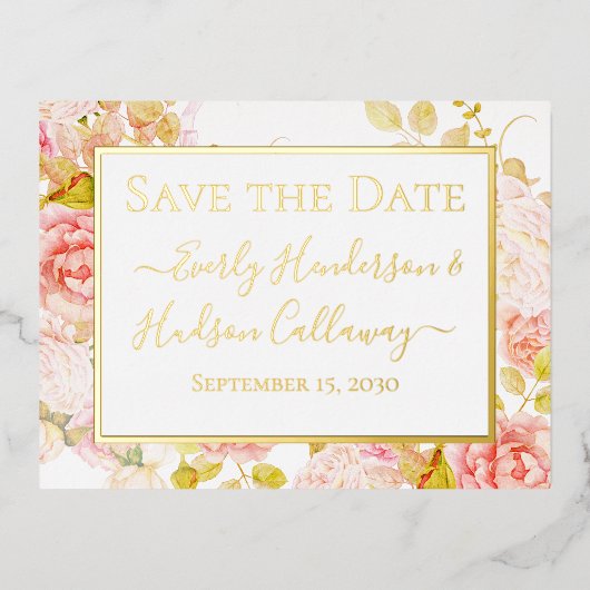 ゴールドフォイルフローラピンク縁ど金ゴールドウェディングRSVP 箔招待状ポストカード (正面)