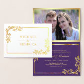 ゴールドフォイルフローラフォトパープル結婚式招待状 箔カード (ディスプレー)