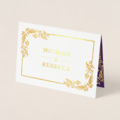 ゴールドフォイルフローラフォトパープル結婚式招待状 箔カード (正面)