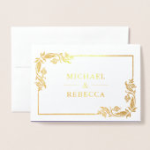 ゴールドフォイルフローラフォトパープル結婚式招待状 箔カード (封筒付き正面)