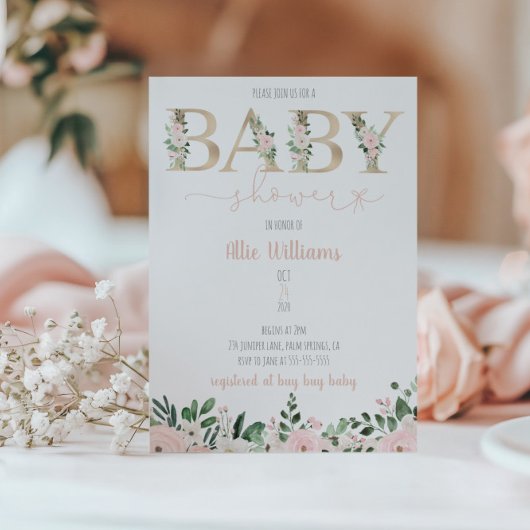 ゴールドフォイルフローラベビーガールベビーシャワー招待状 招待状