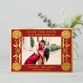 ゴールドフォイルフローラマリゴールドインディアン日付を保存 箔招待状 (立ち正面)