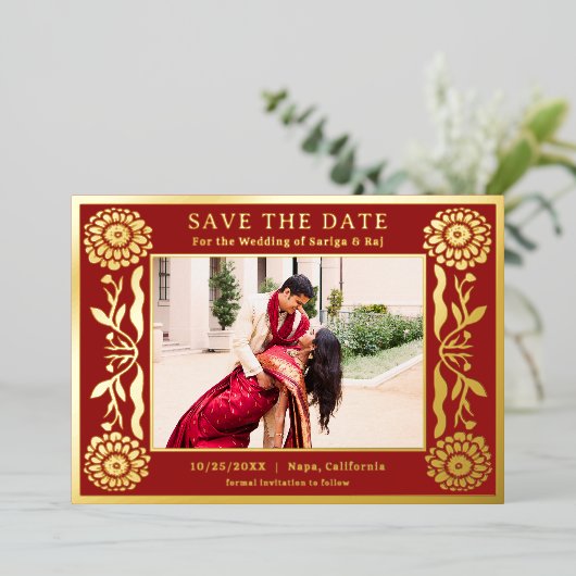 ゴールドフォイルフローラマリゴールドインディアン日付を保存 箔招待状 (立ち正面)