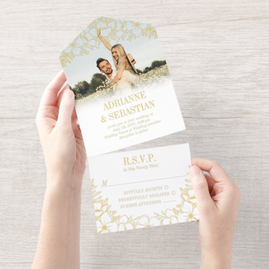 ゴールドフォイルフローララインアートフォトインフォーマル結婚ズ オールインワン招待状 (切り取り部)