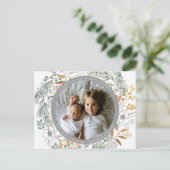 ゴールドフォイルフローラリースカスタムフォトホワイトホリデー ポストカード (スタンド正面)