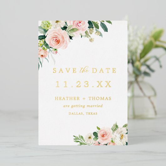 ゴールドフォイルフローラ写真の保存日付 箔招待状 (立ち正面)