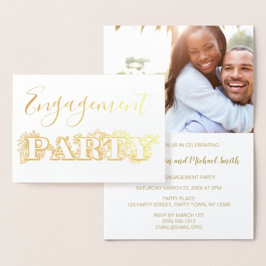 ゴールドフォイルフローラ婚約パーティ招待状写真 箔カード (ディスプレー)