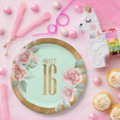 ゴールドフォイルフローラSweet sixteenミントグリーンID757 ペーパープレート (パーティー)