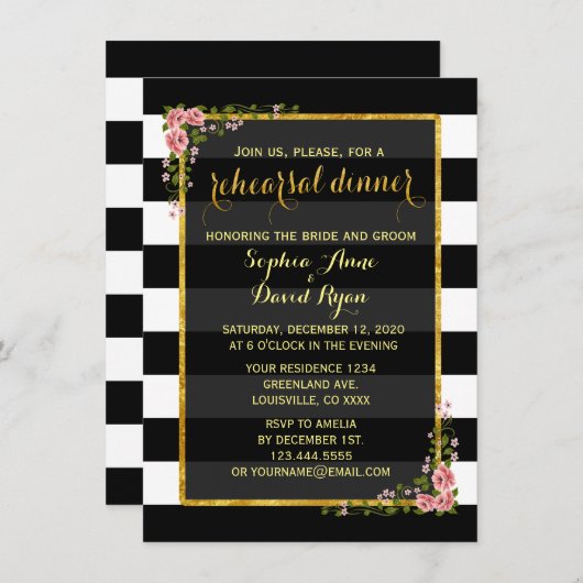 ゴールドフォイルブラックストライプのリハーサルディナー招待状 招待状 (正面/裏面)