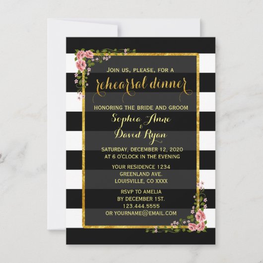 ゴールドフォイルブラックストライプのリハーサルディナー招待状 招待状 (正面)