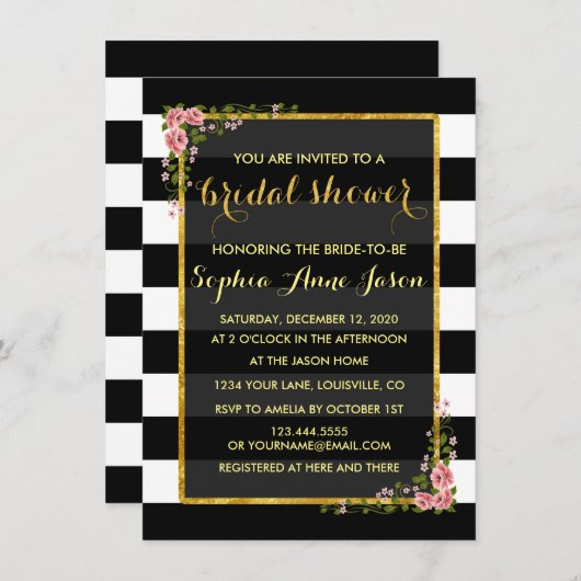 ゴールドフォイルブラックストライプブライダルシャワー招待状 招待状 (正面/裏面)