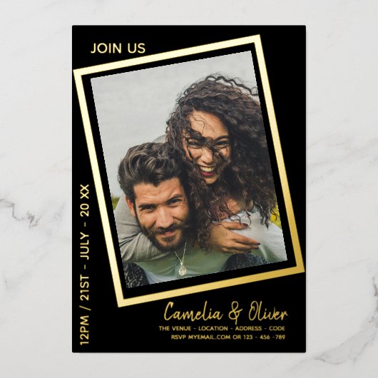 ゴールドフォイルブラックフォト結婚ズQRコード滴下フォイ 箔招待状 (正面)