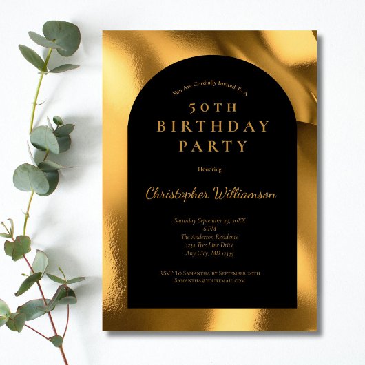 ゴールドフォイルブラックメンズアーモダンチ50誕生日 招待状