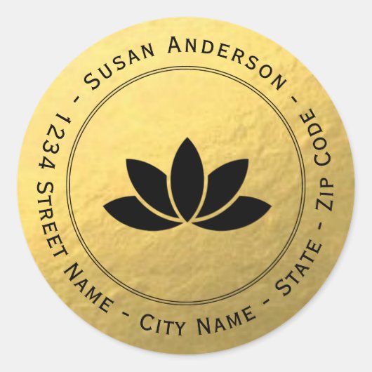 ゴールドフォイルブラックロータスフラワー差出人住所ラベル ラウンドシール (正面)