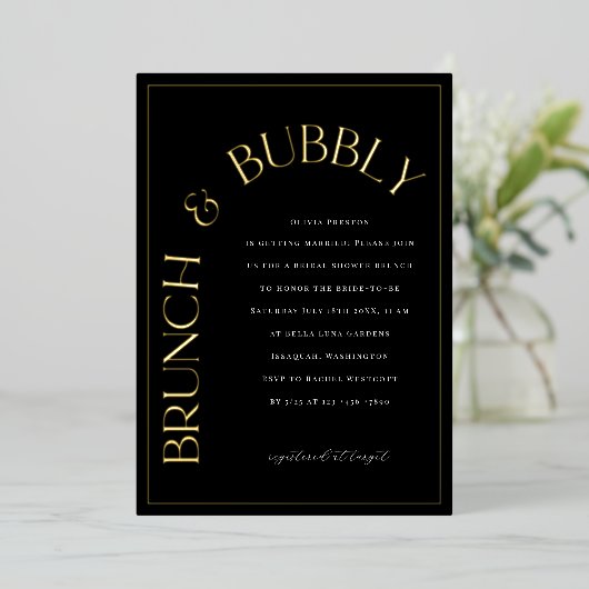 ゴールドフォイルブランチ&バブリーブライダルシャワー招待 箔招待状 (立ち正面)