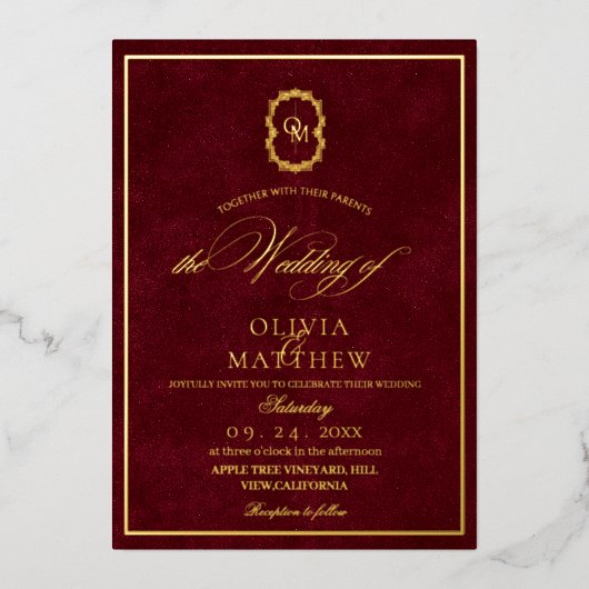 ゴールドフォイルブルゴーニミニマリスト&エレガントな結婚式 箔招待状 (正面)