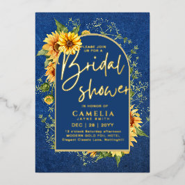 ゴールドフォイルブルーサンフラワーブライダルシャワーQRコード 箔招待状