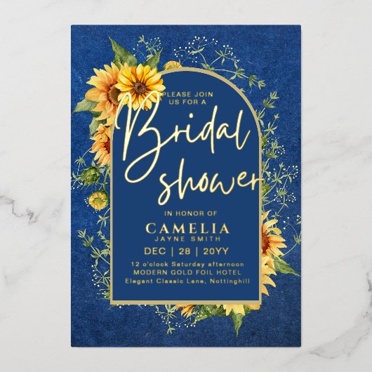 ゴールドフォイルブルーサンフラワーブライダルシャワーQRコード 箔招待状 (正面)