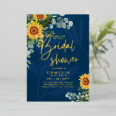 ゴールドフォイルブルーサンフラワーブライダルシャワーQRコードFo 箔招待状 (立ち正面)