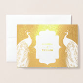 ゴールドフォイルブルーピーコックフェザー結婚式招待状 箔カード (封筒付き正面)