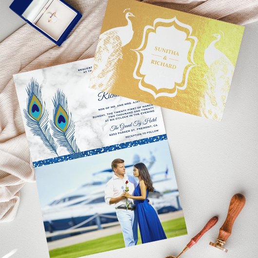 ゴールドフォイルブルーピーコックフェザー結婚式招待状 箔カード