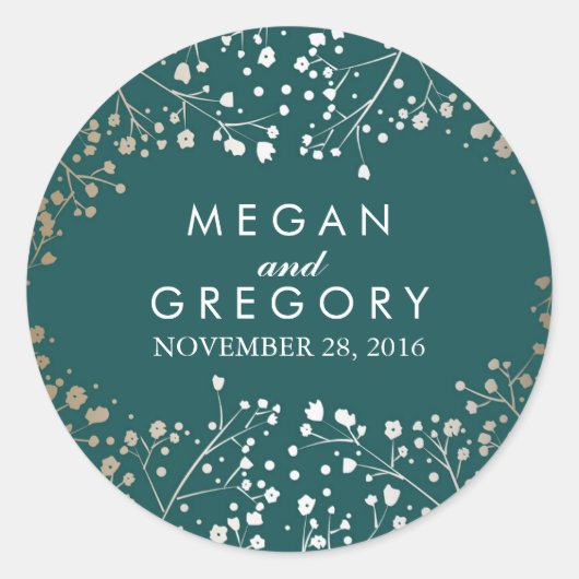 ゴールドフォイルベビーズブレスティール（緑がかった色）結婚ズ ラウンドシール (正面)