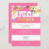 ゴールドフォイルホットピンクフローラブライダルシャワー 招待状 (正面/裏面)